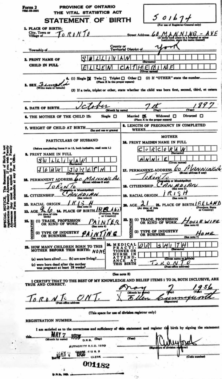 Ellen Catherine Sullivan Statement of Birth