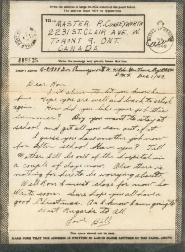 Letter to Ron from brother Bill c. 1943 Letter to Ron from brother Bill c. 1943